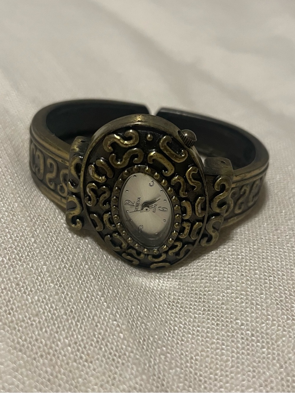 Vintage Silver Gold Finish Artsy Geneva Bangle Cuff Wrist Watch Unique Brass
